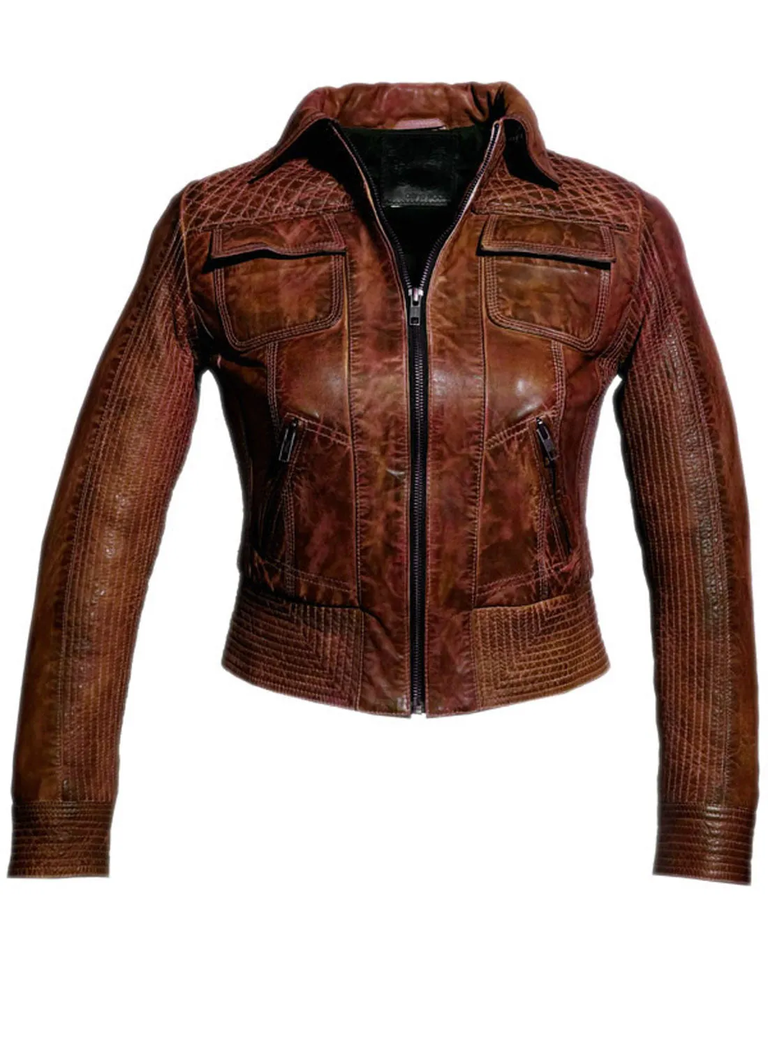 Women Washed Vintage Leather Short Jacket