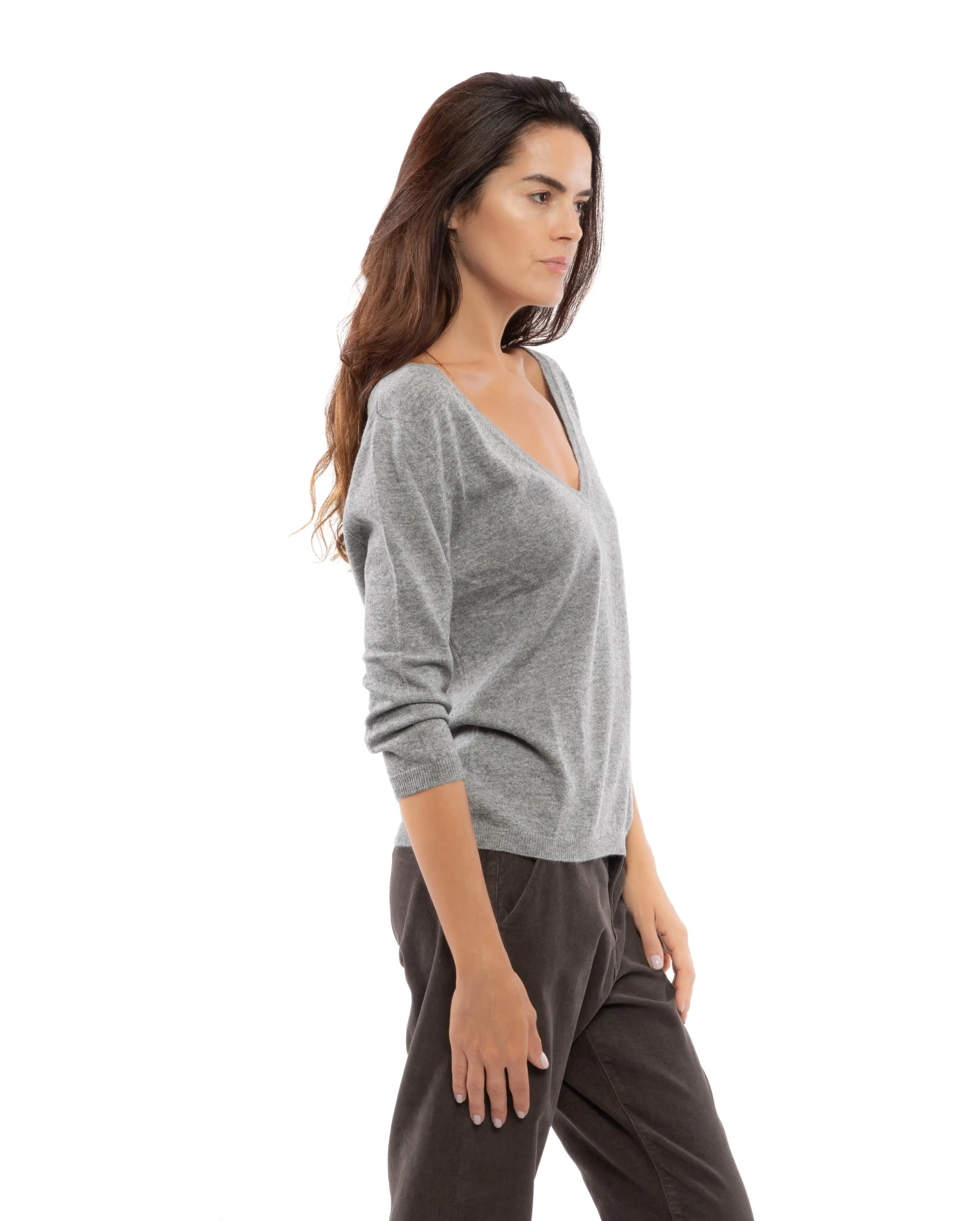 Women's Cashmere 3/4 Sleeve Wide V-Neck Jumper Black