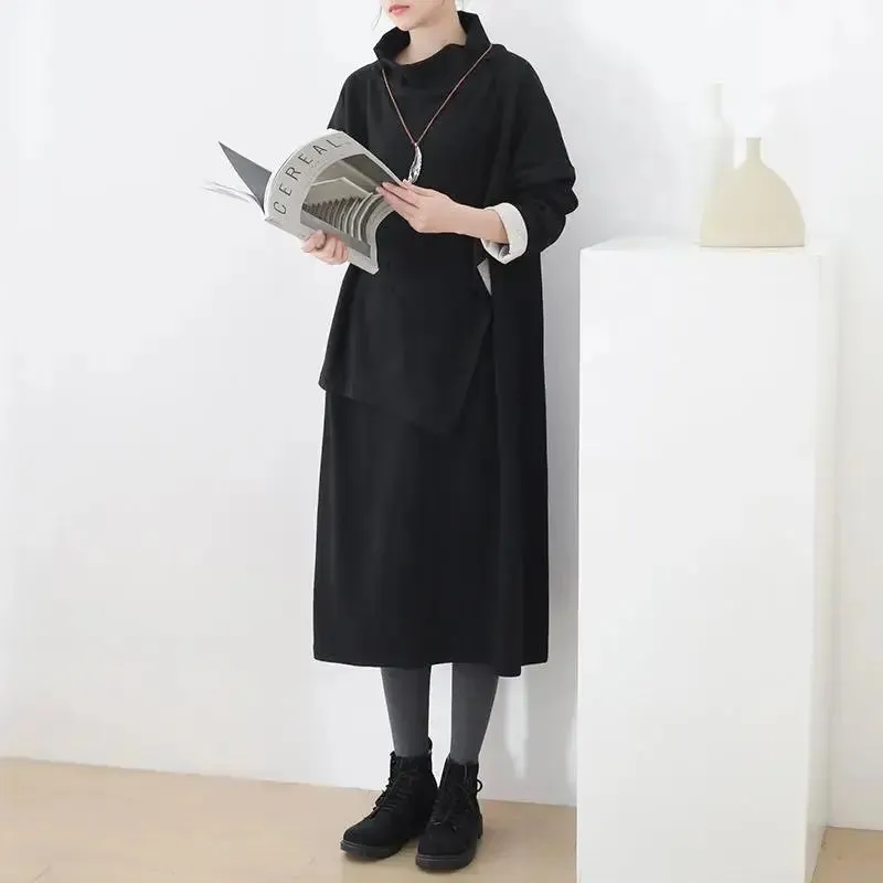 Women's Long Sleeve Dress Stylish Asymmetrical Black Cotton Dress