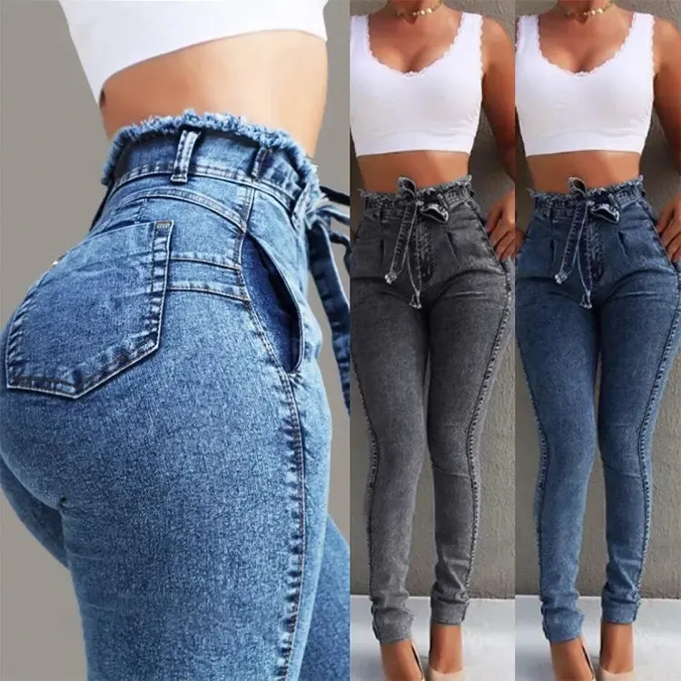 women's  slim fit stretch fringed belt high waist jeans