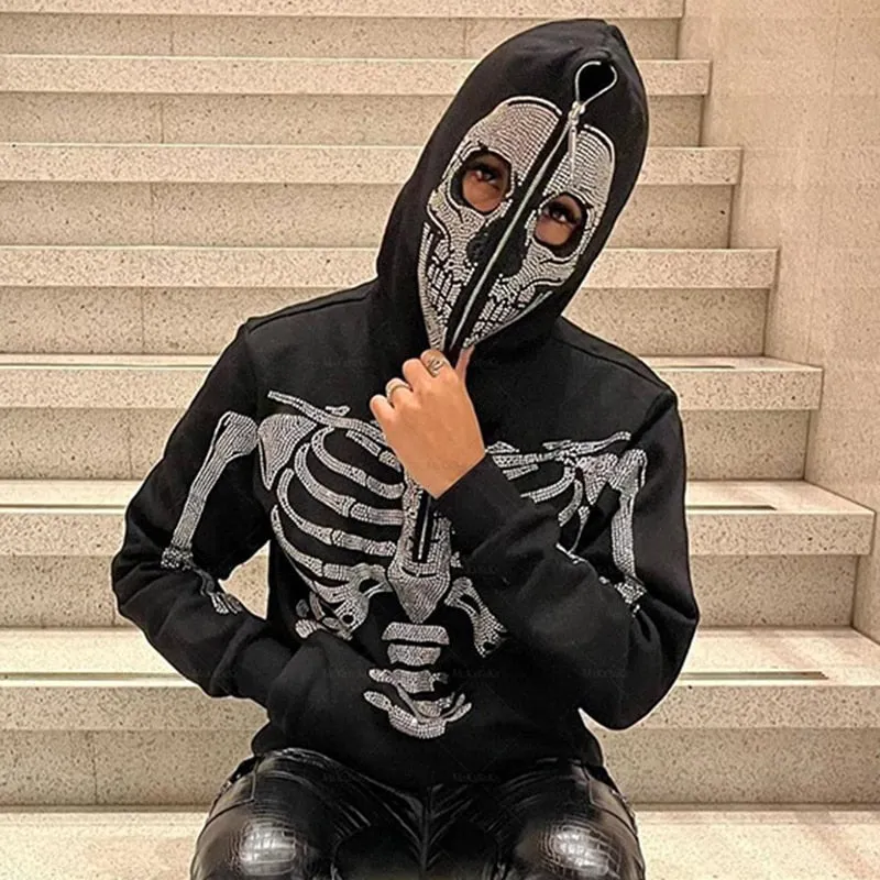 Women's Y2k Fashion Hoodie Skull Rhinestone Zip Up grunge Oversized Sweatshirt